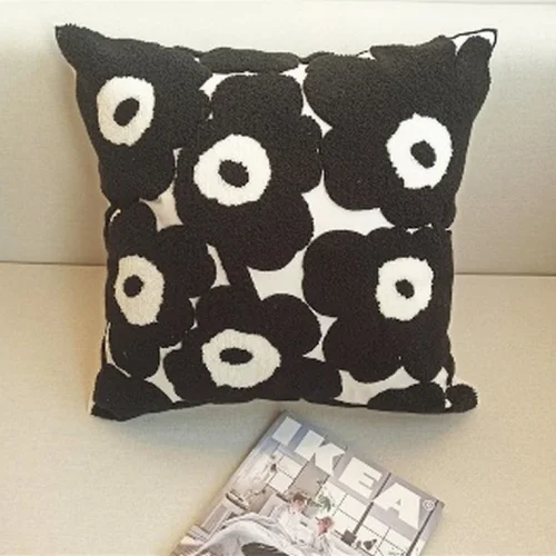 Black Tufted Cotton Floral Throw Cover