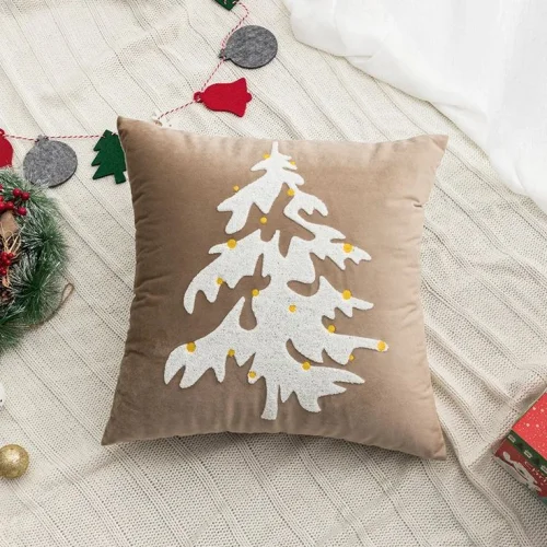 Brown Swed Fabric Christmas Treen Embroidered Cushion Cover  