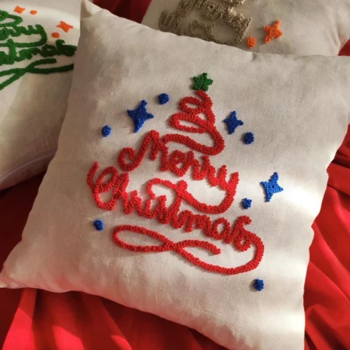 Merry Christmas Swed Fabric Embroidered Cushion Cover  