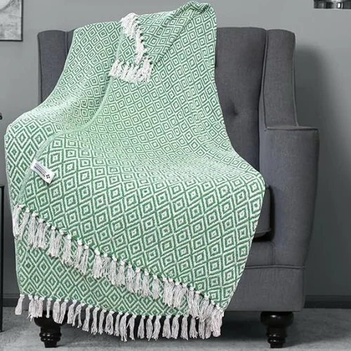 Green Argyle Pattern Cotton Throw Blanket  