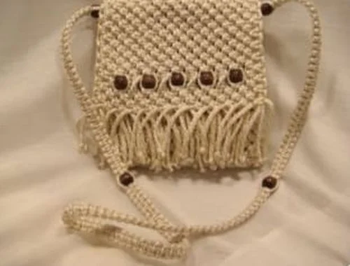 Beige Cotton Macrame Cross Body Bag  