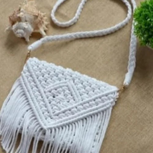 Whie Cotton Macrame Cross Body Bag  