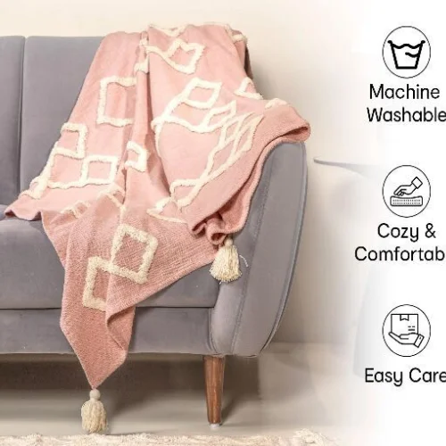 Pink Cotton Tufted Throw Blanket